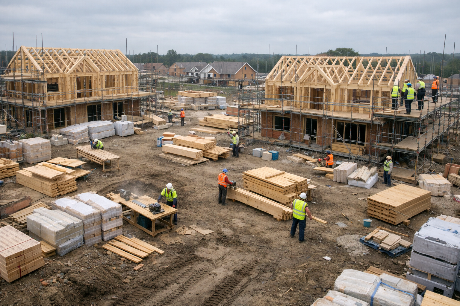 Busy UK timber frame construction site with realistic scale, workers, and dusty conditions affecting fire detection performance